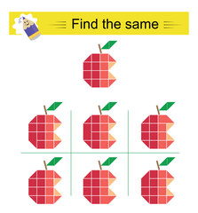 Puzzle game for kids. Attention task. Need to find the same of red apple.