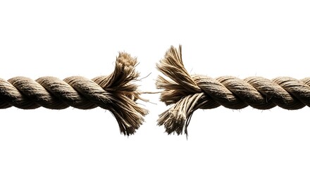 Close up of a frayed rope breaking apart on a white background