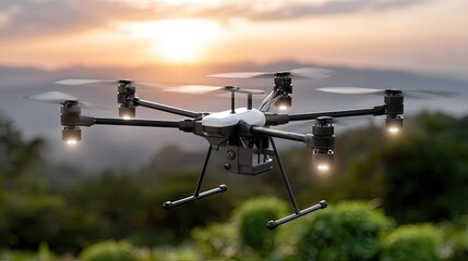A drone hovers above a lush vegetable field, collecting data as the sun sets, enhancing modern agricultural practices and efficiency