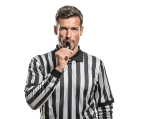 Referee with a whistle looking at the camera