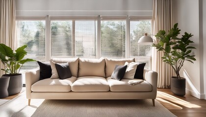 modern living room with a beige sofa black accents and natural light streaming through white plantation shutters