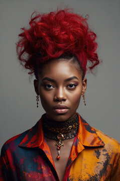 Retrato de estudio de una joven mujer negra con un audaz cabello afro rojo vibrante y una mirada directa y confiada. Modelo luciendo una camisa con estampado art&iacute;stico y elaboradas joyas, simbolizando