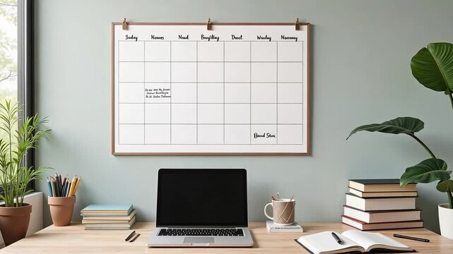 Organized desk with open laptop, planner, and plants, ready for productivity and planning.