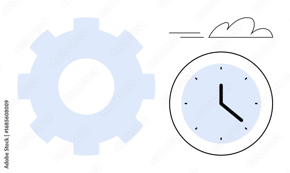 Poster large gear with a clock showing 3 o clock beside a moving cloud. ideal for efficiency, workflow, dea