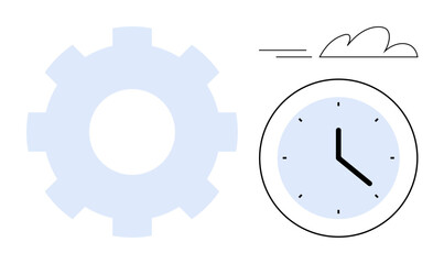 Large gear with a clock showing 3 o clock beside a moving cloud. Ideal for efficiency, workflow, deadlines, planning, teamwork, technology, and innovation. A simple flat metaphor