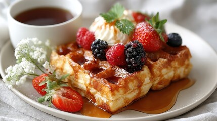 Delicious Waffles with Fresh Berries, Whipped Cream, and Maple Syrup
