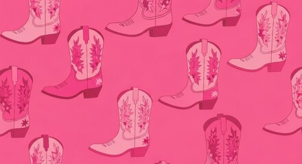 Retro pink cowboy boots repeating pattern on a pink background illustration