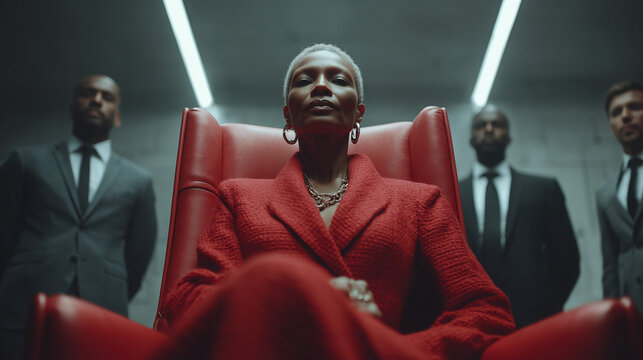 Executive woman in red chair with security guards