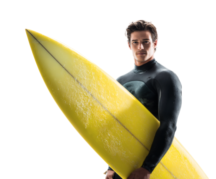 Young man in wetsuit holding a yellow surfboard.