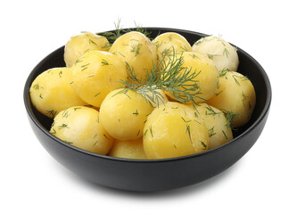 Tasty young boiled potatoes with dill and oil in bowl isolated on white