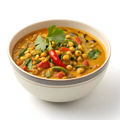 A traditional black-eyed pea curry served in a bowl, isolated on white, hearty, protein-rich, flavorful