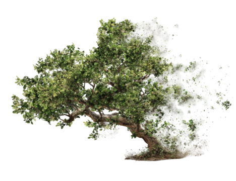 A vibrant, abstract tree image, with a blend of lush green foliage and ethereal, light-colored mist/smoke