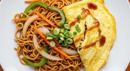 Delicious egg foo young dish with chow mein noodles and fresh vegetables