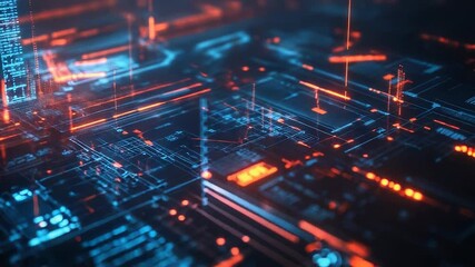 Futuristic server room processing big data with orange and blue lights - Powered by Adobe