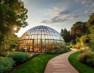 Obraz premium geodesic dome greenhouse showcasing eco friendly design in vibrant greens and browns surrounded by lush gardens and a winding pathway