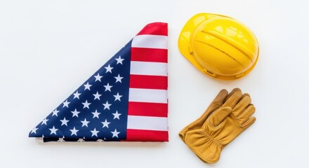 Fototapeta premium American flag and work safety gear symbolize labor and patriotism