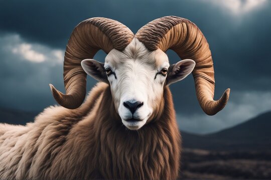 A close-up view of a ram's head, showcasing its large, curved horns in a natural environment. Generative AI