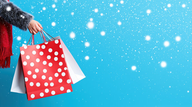 Holiday shopping with colorful bags in a snowy winter wonderland setting