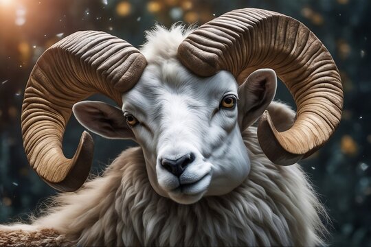 A close-up view of a ram's head, showcasing its large, curved horns in a natural environment. Generative AI