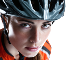 Woman cyclist intense gaze