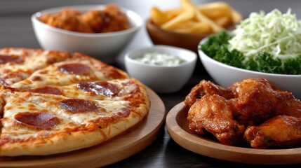 Friends share a delightful feast of pizza, wings, fries, and dips while watching an exciting sports event at home