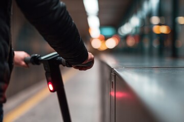 Fototapeta premium Hand on scooter handlebar in modern station, vibrant lights create dynamic atmosphere