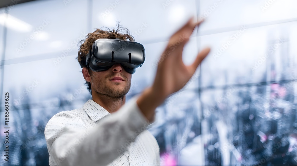 Poster young man in a vr headset interacting with a virtual environment displayed on a large screen showcas