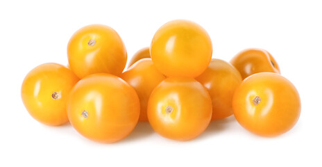 Many ripe yellow tomatoes isolated on white