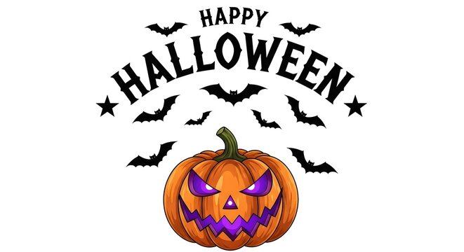 Happy halloween text with bats and a scary jackolantern pumpkin with purple glowing eyes, isolated on white background