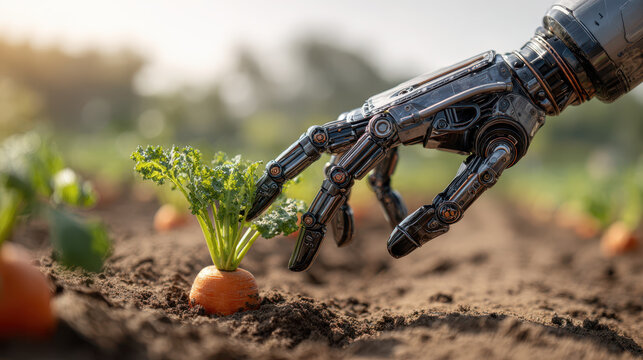 Robot hand harvesting carrots in agricultural field nature photography futuristic technology environment