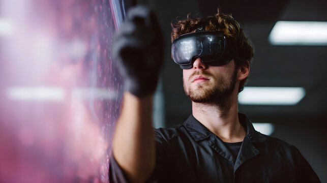 A young male technician in dark attire and VR goggles interacts with a large vibrant virtual reality display highlighting innovation in immersive