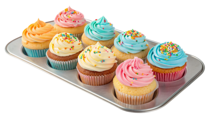Delicious colorful cupcakes with vibrant frosting and sprinkles in a tray for dessert lovers