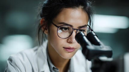 A focused young female researcher in a lab coat precisely examines a microchip using a microscope in a modern scientific laboratory