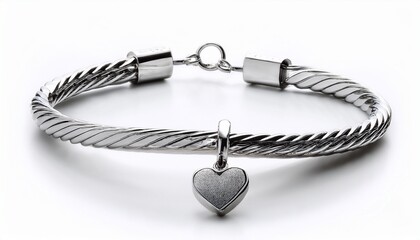 silver bracelet with a dangling heart charm isolated on a white background