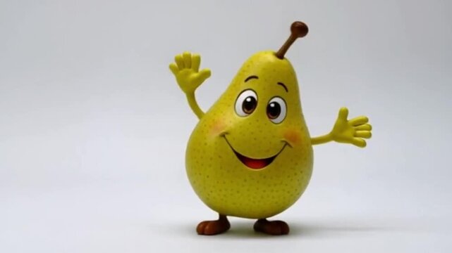 Eine gr&uuml;ne Birne mit schiefem Grinsen, gro&szlig;en Comic-Augen und schwingenden Armen, dargestellt als lustige Comicfigur auf wei&szlig;em Hintergrund.