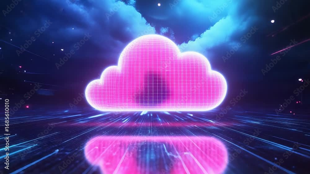 Poster pink glowing cloud computing symbol floating over futuristic lines of data traffic