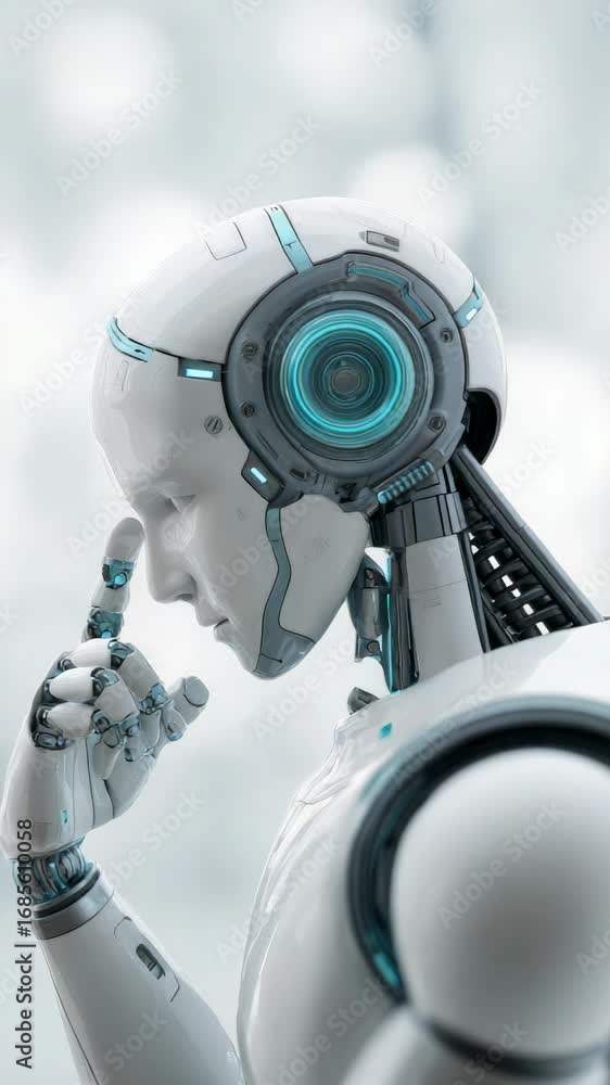 Poster advanced humanoid robot with finger on head, appearing to be in deep thought, demonstrating artifici