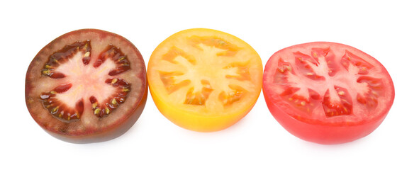 Pieces of different ripe juicy tomatoes isolated on white