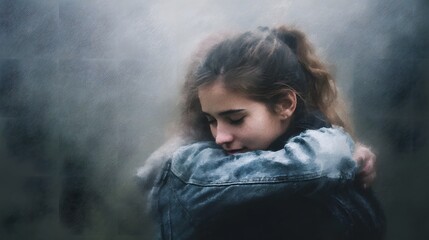 Fototapeta premium A young person finds comfort in a gentle embrace sharing an intimate emotional moment outdoors amidst a soft hazy backdrop