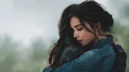A comforting embrace between two women sharing an emotional moment of support and tenderness in a soft natural outdoor setting
