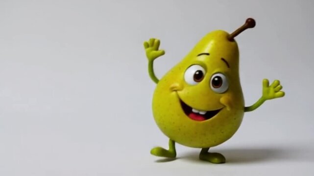 Eine gr&uuml;ne Birne mit schiefem Grinsen, gro&szlig;en Comic-Augen und schwingenden Armen, dargestellt als lustige Comicfigur auf wei&szlig;em Hintergrund.