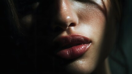 Close up portrait of a woman s face highlighting her lips and nose with dramatic high contrast lighting and intense shadows conveying deep emotion