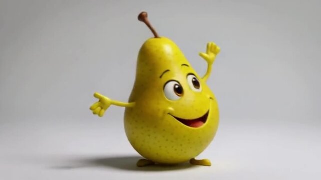 Eine gr&uuml;ne Birne mit schiefem Grinsen, gro&szlig;en Comic-Augen und schwingenden Armen, dargestellt als lustige Comicfigur auf wei&szlig;em Hintergrund.