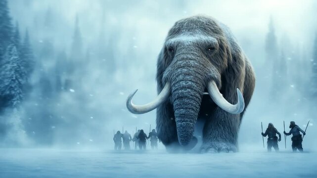 Epic historical video of a giant woolly mammoth walking through a snowstorm, hunted by prehistoric cavemen. Ice Age survival. Ideal for documentaries, museum displays, and educational footage.