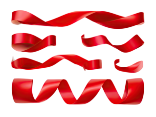 Red ribbon collection.  Set of various red ribbon shapes,  spiraling and curving, with a glossy, realistic look against a dark background