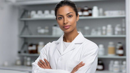 Female pharmacist in lab coat portrait