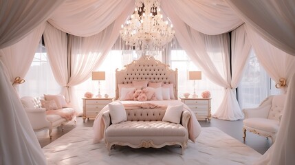 Opulent bedroom with a large white canopy bed, blush pink pillows, and a breathtaking rose gold chandelier with sparkling crystal droplets.