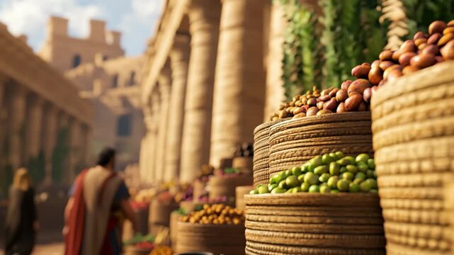 Biblical historical video of an ancient Roman marketplace with fresh food in baskets. Daily life, commerce, ancient world. Ideal for documentaries, religious films, and history footage.