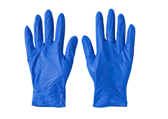 Pair of blue disposable gloves, palms facing up