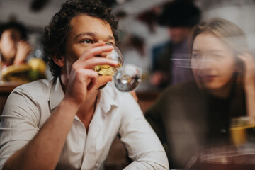 Man Drinking Wine with Friends in Social Gathering at a Bar
